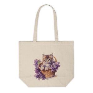 Floral Cat in a Basket Custom Canvas Tote Bag